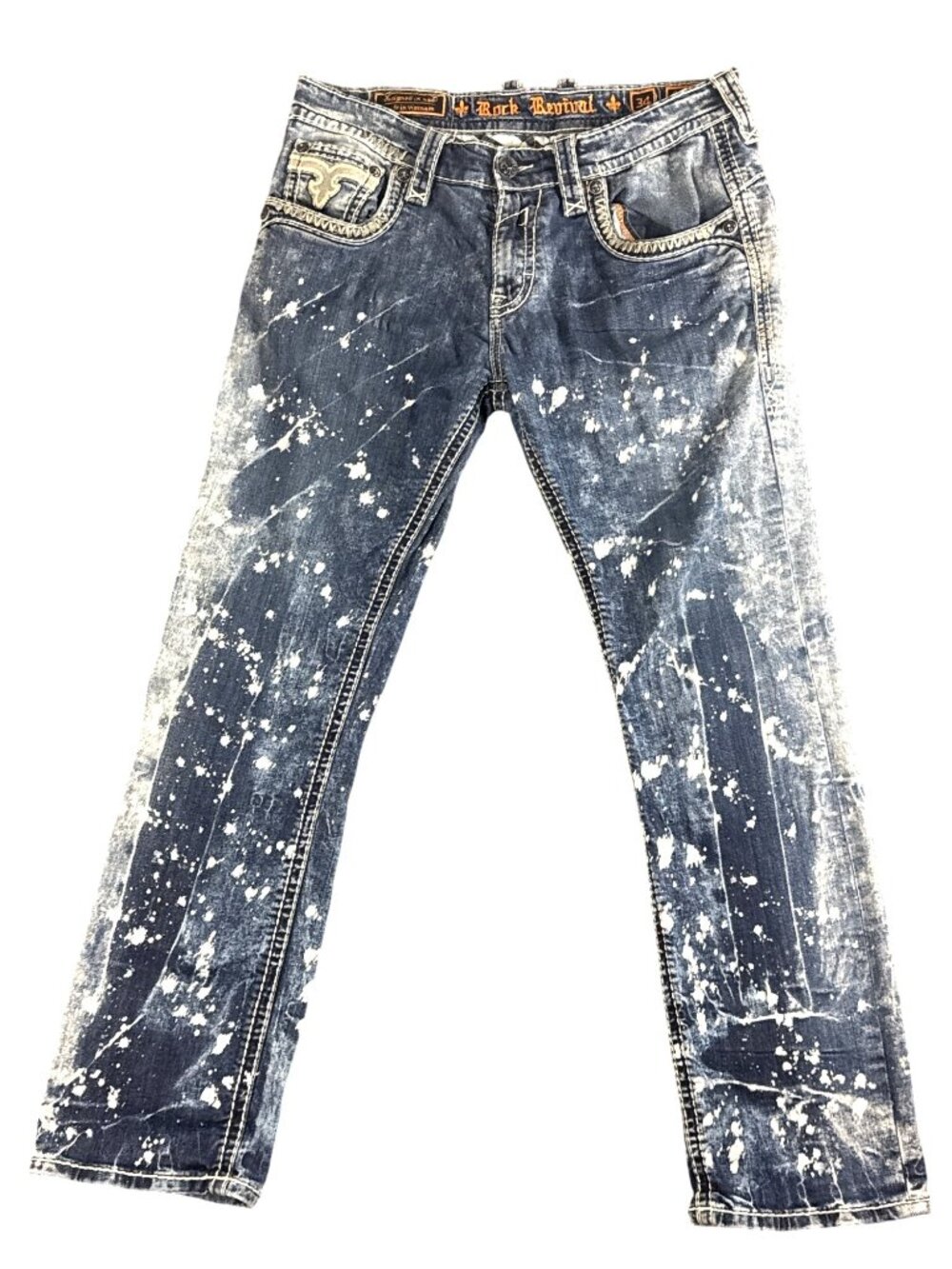 Rock Revival Chenko Straight Jeans Mens 34 Paint Splatter Blue Denim Y2K Grunge